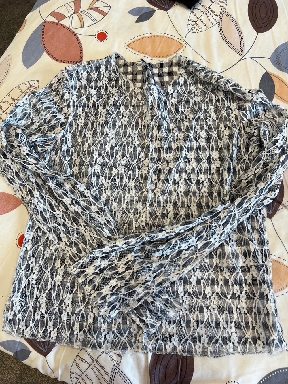 Lace Overlay Long Sleeve Top - Black & White